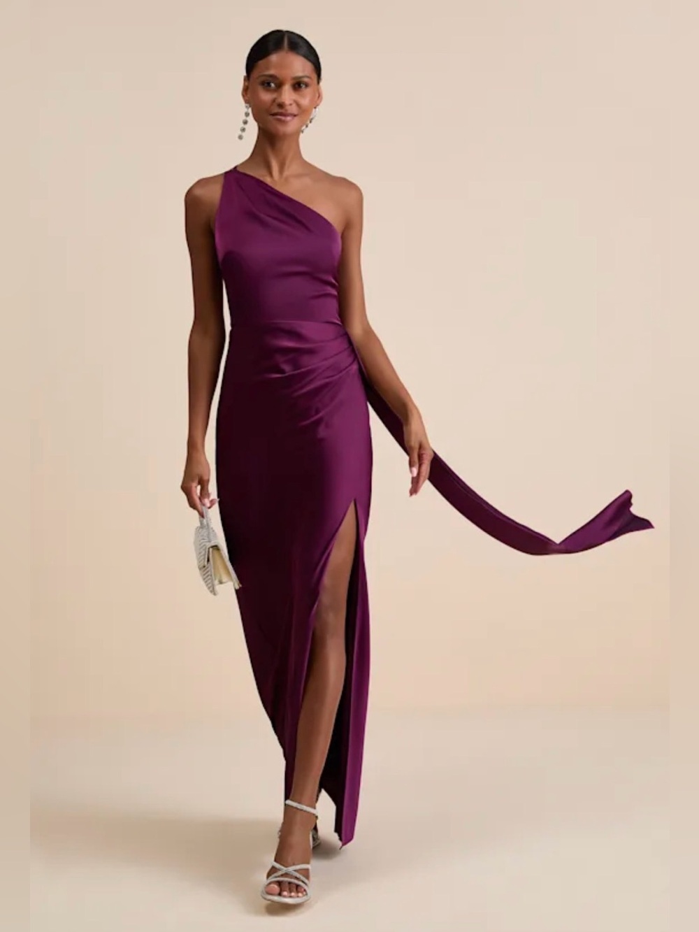 NWT Lulus Signature Elegance Plum Purple Satin One-Shoulder Maxi Dress